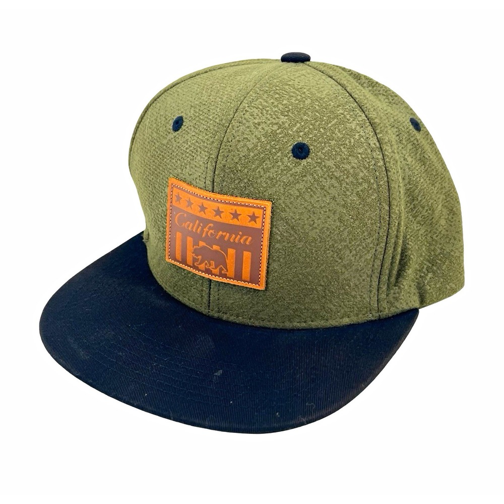 California Bear Snapback Hat Olive Green Black Flat Bill Leather Patch Outdoor